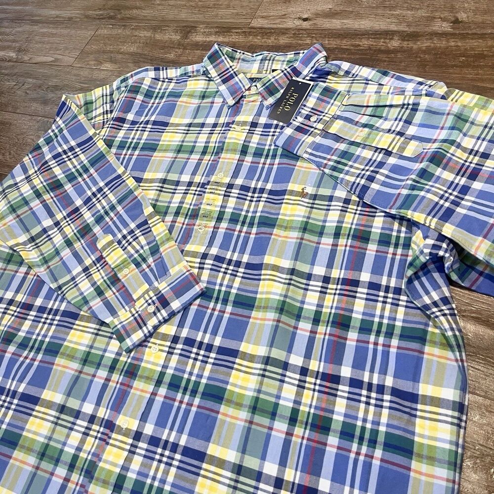 POLO RALPH LAUREN Shirt Mens 4XLT Yellow Green Blue Flesh Pony Big & Tall Button